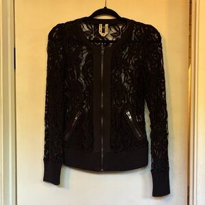 Free People Black Floral Lace Bomber Jacket